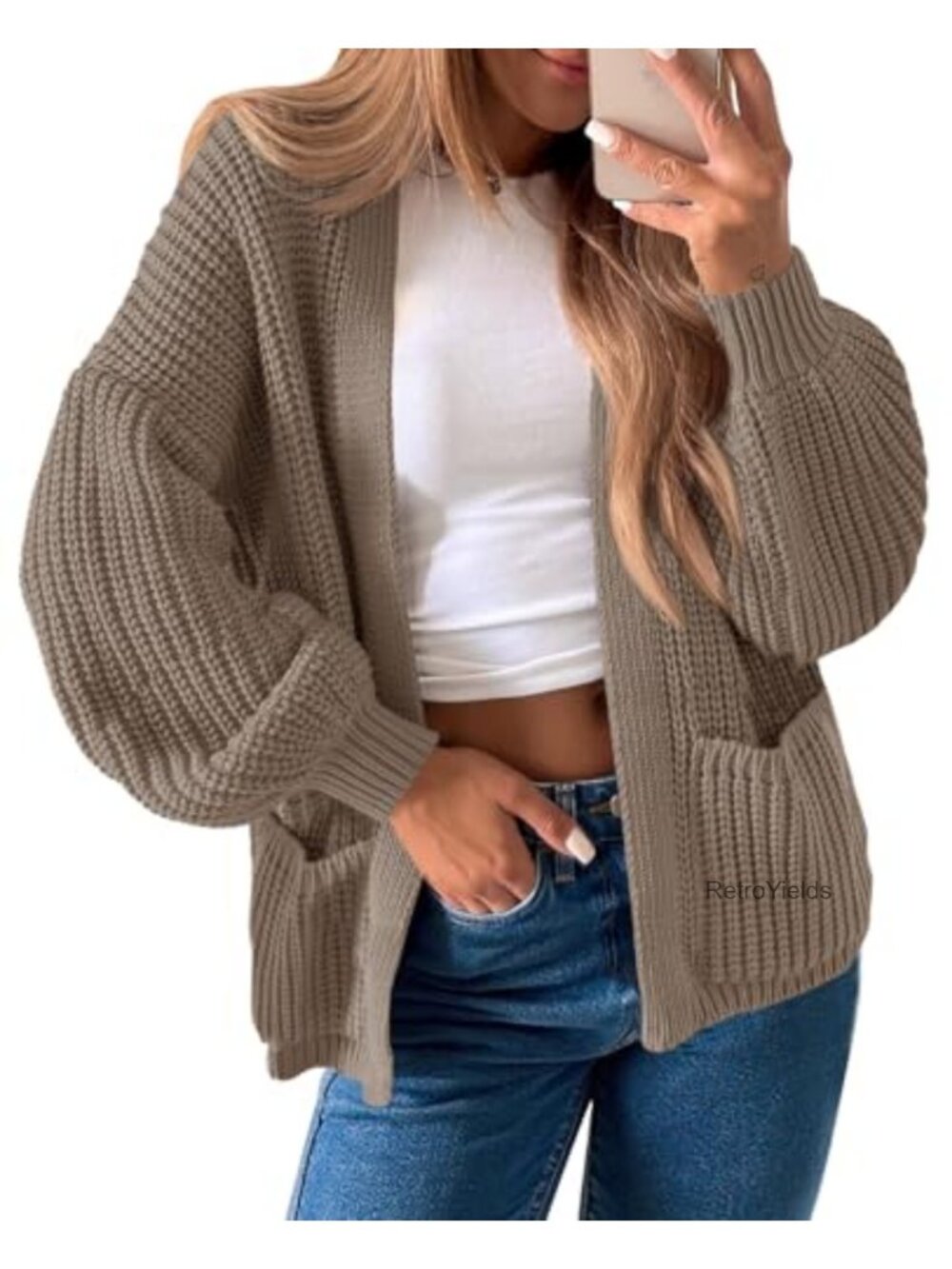 Ribbed Chunky Knit Oversized Cardigan Long Lantern Sleeve Open Front Sweater